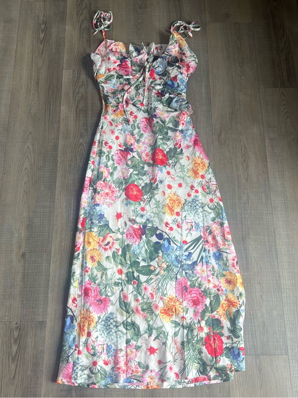 NWT Lulus Clelia Ivory Multi Floral Satin Ruffled Tie-Strap Midi Dress - Picture 3 of 5